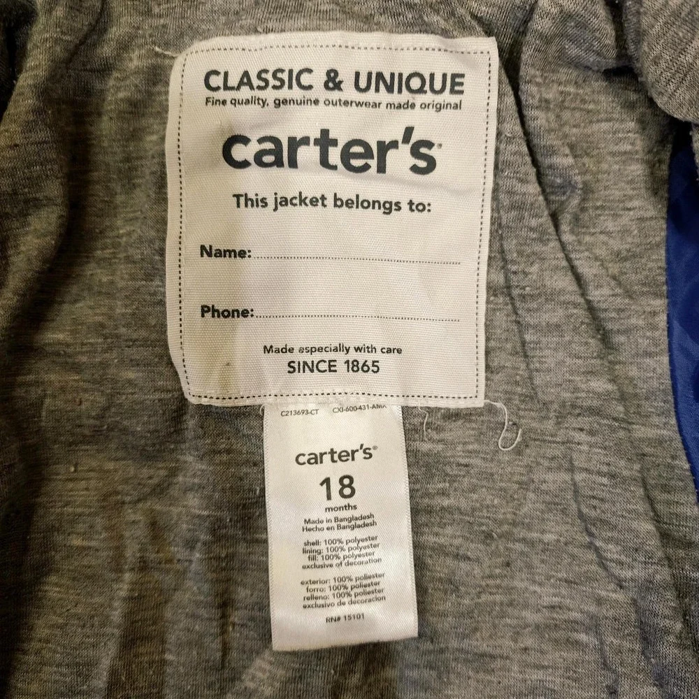 Carters Blue Navy Puffer Jacket Hooded Full Zip Coat 18 Months